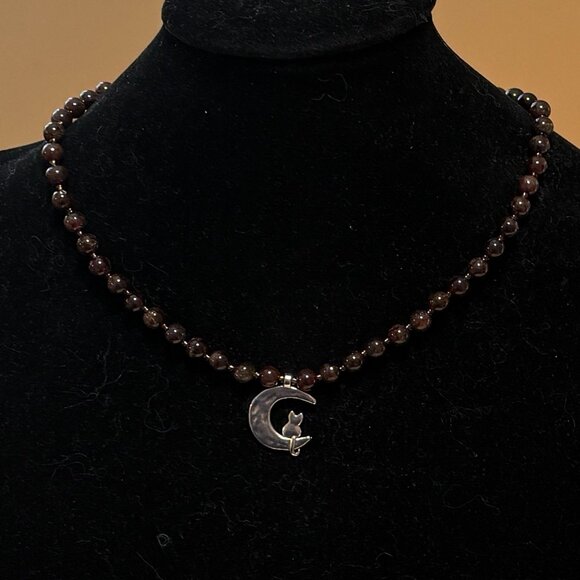Deep Wine Red Garnet Short Necklace, Genuine Gemstone & Silver Cat on the Moon - Picture 3 of 15